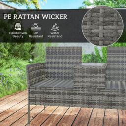Outsunny Rattan Garden Bench W/ Glass Tea Table, Cushions, Charcoal Grey - thumbnail 5
