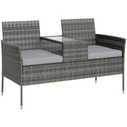 Outsunny Rattan Garden Bench W/ Glass Tea Table, Cushions, Charcoal Grey - thumbnail 2