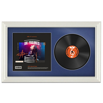 "30X17"" White Swept Vinyl Record Frame With Blue Mount For 12 Inch Lp Album Cover & Disc - Ak Frames" - image 1