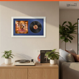 "30X17"" White Swept Vinyl Record Frame With Blue Mount For 12 Inch Lp Album Cover & Disc - Ak Frames" - thumbnail 5