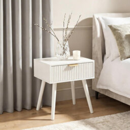 Ohs Ribbed Wood Bedside Table 1 Drawer Cabinet Nightstand Storage Unit - Cream - thumbnail 1