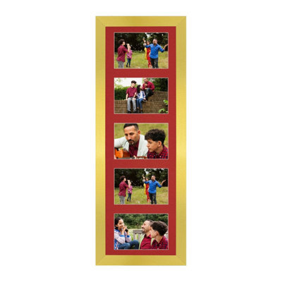 AK Frames 26X8 Gold Sleek Multi Photo Frame With Crimson Mount - Holds 5 Apertures (5X) 6X4 Photos - image 1