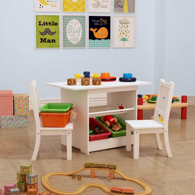 Kids Wooden Table And 2 Chairs Set Children Activity Desk With Storage Basket, Ergonomic Backrest,  Mdf & Pine Legs For Playroom - image 1