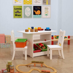 Kids Wooden Table And 2 Chairs Set Children Activity Desk With Storage Basket, Ergonomic Backrest,  Mdf & Pine Legs For Playroom