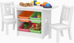 Kids Wooden Table And 2 Chairs Set Children Activity Desk With Storage Basket, Ergonomic Backrest,  Mdf & Pine Legs For Playroom - thumbnail 4