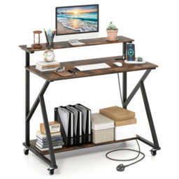 Brown Mobile Gaming Writing Desk With Monitor Stand Power Outlets - thumbnail 1