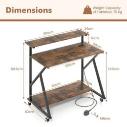 Brown Mobile Gaming Writing Desk With Monitor Stand Power Outlets - thumbnail 2