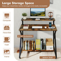 Brown Mobile Gaming Writing Desk With Monitor Stand Power Outlets - thumbnail 4