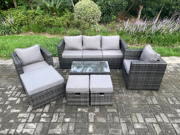 Fimous Outdoor Rattan Garden Furniture Set With 3 Seater Sofa Coffee Table 2 Armchairs 3 Footstools Patio Lounge Sofa Set - thumbnail 2