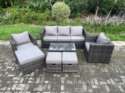 Fimous Outdoor Rattan Garden Furniture Set With 3 Seater Sofa Coffee Table 2 Armchairs 3 Footstools Patio Lounge Sofa Set - thumbnail 1