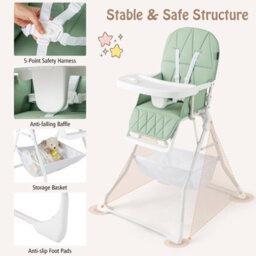 Gainoom Foldable Green High Chair For Babies And Toddlers Portable High Chair With 3-Level Adjustable Tray & Footrest - thumbnail 9