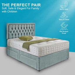 Dining Tables Lisbon Matching Headboard Divan Set, 2 Drawer On Same Side With Sprung 1500 Comfort Mattress - Chenille Pale Blue - Double - thumbnail 2