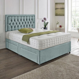 Dining Tables Lisbon Matching Headboard Divan Set, 2 Drawer On Same Side With Sprung 1500 Comfort Mattress - Chenille Pale Blue - Double - thumbnail 1