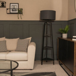 Valuelights Hiru Black 3 Tier Shelf Floor Lamp With Charcoal Drum Shade And Bulb - thumbnail 2