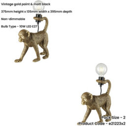 Loops 2 Pack Vintage Gold Paint Table Lamp - Matt Black Shade - 375mm Tall Light - 10W Led E27 - thumbnail 2