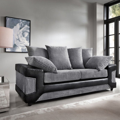 Luxury Life Furniture Toledo 3 Seater Grey Jumbo Cord Sofa With A Modern Black Leather Trim