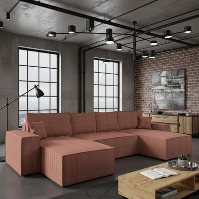 Malaga U Mdf Upholstered Living Room Corner Sofa Bed With Storage Free Standing Backrest 370X181X94Cm Pink Corduroy - image 1