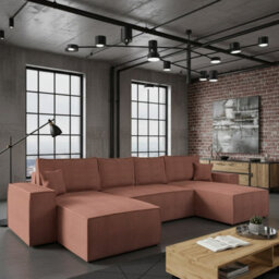 Malaga U Mdf Upholstered Living Room Corner Sofa Bed With Storage Free Standing Backrest 370X181X94Cm Pink Corduroy - thumbnail 1