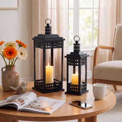 Living And Home 2 Piece Black Metal Lantern Candle Holders With Glass Panels Vintage Hanging Lantern - image 1