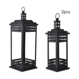 Living And Home 2 Piece Black Metal Lantern Candle Holders With Glass Panels Vintage Hanging Lantern - thumbnail 4