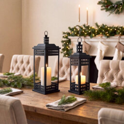 Living And Home 2 Piece Black Metal Lantern Candle Holders With Glass Panels Vintage Hanging Lantern - thumbnail 2