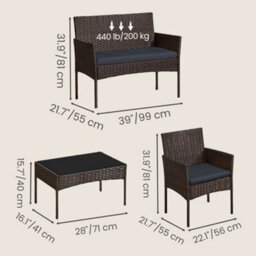 Songmics Patio Conversation Set, 4-Piece Rattan Lounge Furniture With Table And Chairs, For Balcony Or Garden, Brown And Beige - thumbnail 6