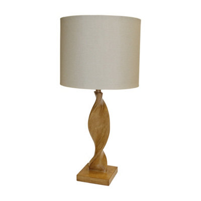 Table Lamp Oak Effect Resin & Natural Linen 10W Led E27 Base & Shade - image 1