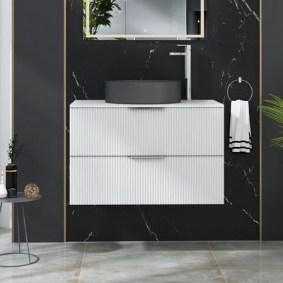 Royal Bathrooms Evora 800mm Matt White Fluted Wall Hung Countertop Vanity Unit 2 Drawer With Art Round Basin - image 1
