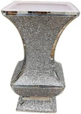 Deenz Crushed Jewel Diamanate Square Shaped Crystal Vase Silver Design With Mirrored Border Art Deco Style 60 Cm Tall
