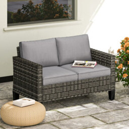 Outsunny Rattan Sofa With Cushions, 2 Seater Garden Furniture, Dark Grey - thumbnail 1