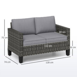 Outsunny Rattan Sofa With Cushions, 2 Seater Garden Furniture, Dark Grey - thumbnail 3