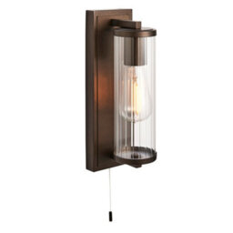 Dark Bronze Bathroom Wall Light & Ribbed Cylinder Glass Shade Ip44 Rated Fitting