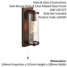 Dark Bronze Bathroom Wall Light & Ribbed Cylinder Glass Shade Ip44 Rated Fitting - thumbnail 2