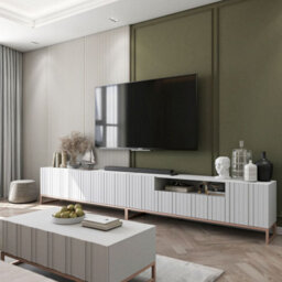 Heze Furniture Elpis Glamour Tv Cabinet Media Unit Extra Long 300 Cm - White Matt / Copper Frame - thumbnail 2