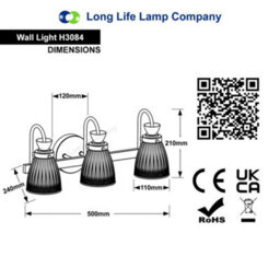 Long Life Lamps Company Modern 3 Bathroom Wall Light Chrome Ip44 Frosted Glass H3084 With G9 Led 5W Warm White - thumbnail 2