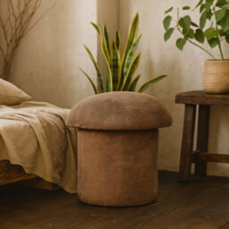 Wyld Haus Pont Aven Mocha Faux Fur Mushroom Footstool, Round Pouffe With Mango Wood Base - thumbnail 1