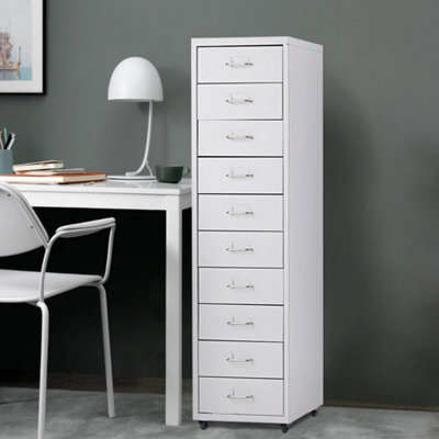 White Tall Chest Of Drawers Cabinet Bedside Table Mobile 10 Drawers Nightstand +Wheels - image 1