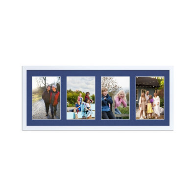AK Frames 50X20Cm White Sleek Multi Photo Frame With Blue Mount - Holds 4 Apertures (4X) 6X4 Photos - image 1