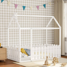 Living And Home White Pine Wood House Toddler Children Bed Frame With Fence And Roof W 1990mm Weight Capacity 100 Kg - thumbnail 1