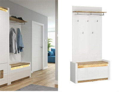 Impact Furniture Shoe And Coat Storage Hallway Furniture Set Cabinet Seat Bench With Wall Hooks Panel Oak And White Gloss Led Lights Alameda - image 1