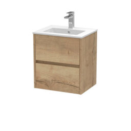 Nuie Havana Wall Hung 2 Drawer Vanity Basin Unit & Minimalist Ceramic Basin, Modern Sink Vanity Unit In Autumn Oak With White - thumbnail 1
