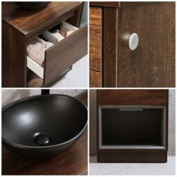 Homestylestore Dark Oak 600mm Led Lit Bathroom Vanity Unit Oval Countertop Graphite Basin Open Shelf - thumbnail 2