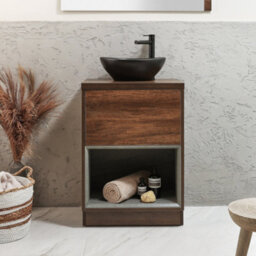 Homestylestore Dark Oak 600mm Led Lit Bathroom Vanity Unit Oval Countertop Graphite Basin Open Shelf