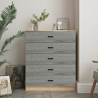 Urbnliving Height 90.5Cm 5 Drawer Wooden Bedroom Chest Cabinet Modern Oak Carcass And Ash Grey Drawers Wide Storage Cupboard - image 1