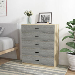 Urbnliving Height 90.5Cm 5 Drawer Wooden Bedroom Chest Cabinet Modern Oak Carcass And Ash Grey Drawers Wide Storage Cupboard - thumbnail 2