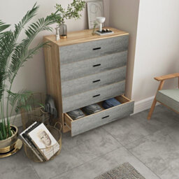 Urbnliving Height 90.5Cm 5 Drawer Wooden Bedroom Chest Cabinet Modern Oak Carcass And Ash Grey Drawers Wide Storage Cupboard - thumbnail 3