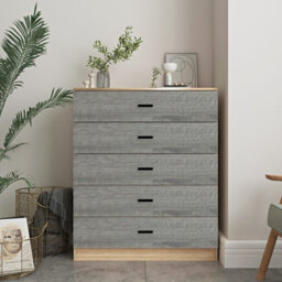 Urbnliving Height 90.5Cm 5 Drawer Wooden Bedroom Chest Cabinet Modern Oak Carcass And Ash Grey Drawers Wide Storage Cupboard - thumbnail 1