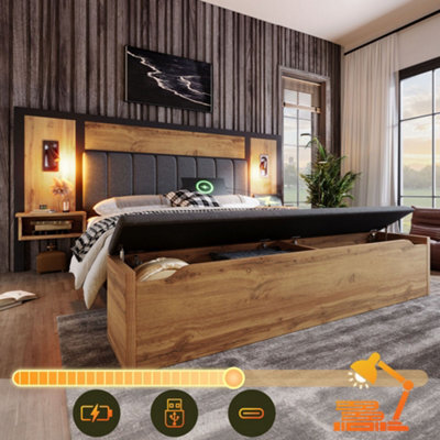 Merax 5Ft King Bed 150X200 Cm, Linen Upholstered Bed Frame With Reading Lights, Usb-C, Bedside Tables & Storage Bench, Oak - image 1