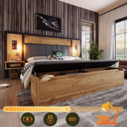 Merax 5Ft King Bed 150X200 Cm, Linen Upholstered Bed Frame With Reading Lights, Usb-C, Bedside Tables & Storage Bench, Oak - thumbnail 1