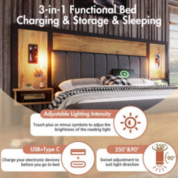Merax 5Ft King Bed 150X200 Cm, Linen Upholstered Bed Frame With Reading Lights, Usb-C, Bedside Tables & Storage Bench, Oak - thumbnail 5